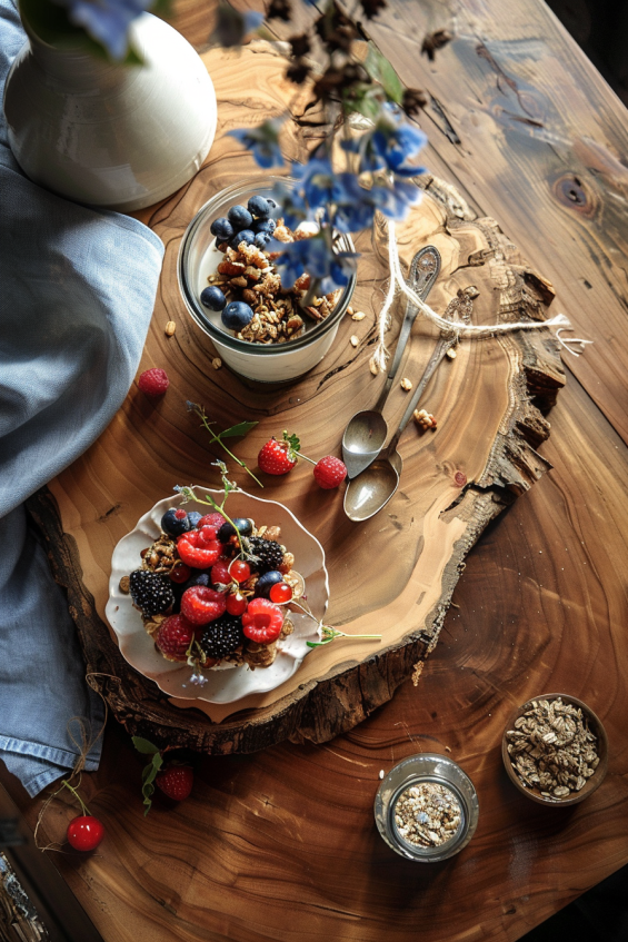 A parfait served on a rustic wooden board with fresh berries and granola, garnished with a unique spoon and a mason jar tied with twine.