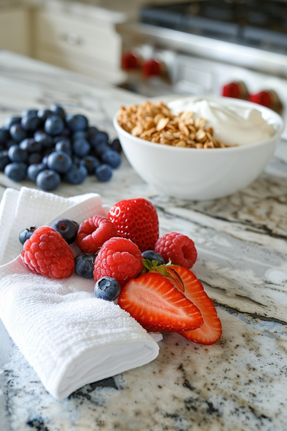 Fresh mixed berries, including sliced strawberries, blueberries, and raspberries, washed and laid out on a kitchen countertop with Greek yogurt, granola, and chopped nuts, ready for parfait assembly