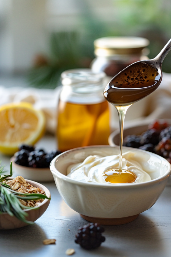 A spoon stirring honey into a bowl of Greek yogurt on a kitchen countertop with soft, warm lighting and a drizzle of honey falling from the spoon.