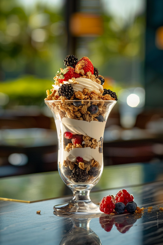 A clear glass jar filled with layers of Greek yogurt, granola, and fresh mixed berries, with vibrant colors visible through the glass.