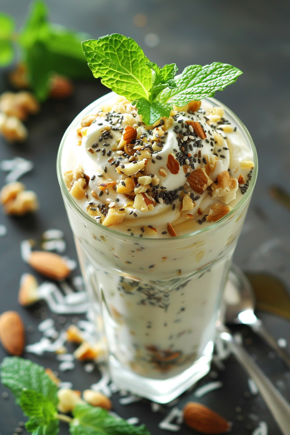 A close-up of a parfait topped with almonds, chia seeds, a drizzle of honey, and garnished with mint and coconut flakes.