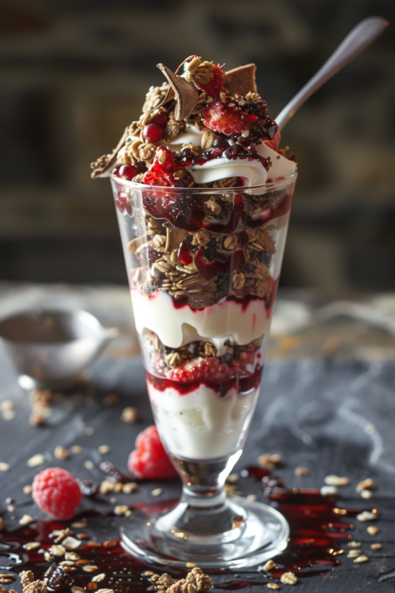 A parfait served in a glass with a spoon digging through the layers of granola, Greek yogurt, and berries.