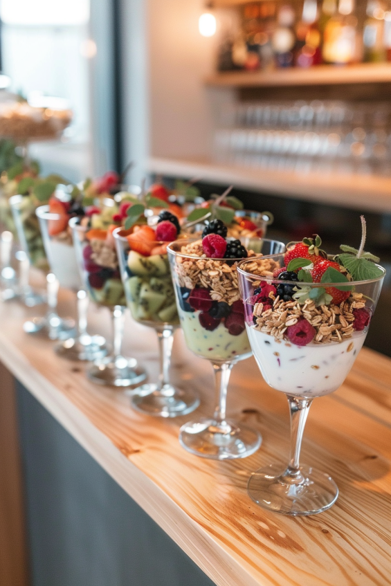 A collection of tall mason jars, martini glasses, and wine glasses filled with vibrant parfait layers, set on a wooden countertop with soft lighting.