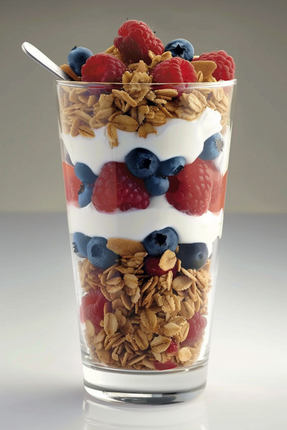 A parfait being layered carefully with smooth yogurt, granola, and berries, with a spoon adding even layers in a clear glass.