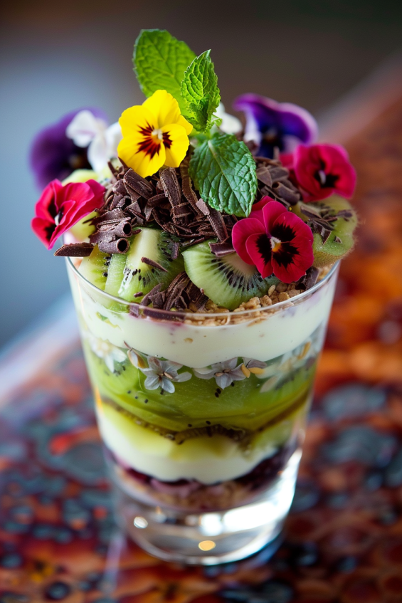 A parfait topped with fresh mint, edible flowers, dark chocolate shavings, and slices of kiwi, placed on a clear glass showcasing vibrant layers.