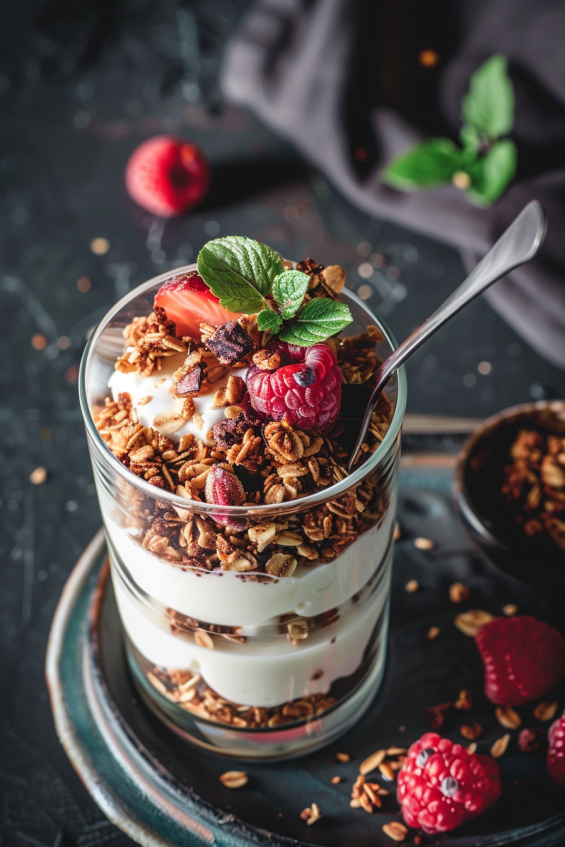 A parfait served in a glass with a spoon digging through the layers of granola, Greek yogurt, and berries.