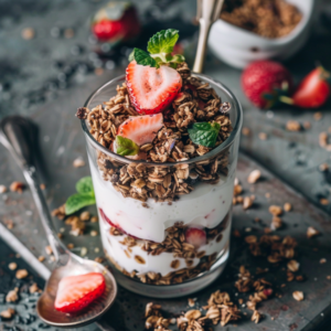 A parfait served in a glass with a spoon digging through the layers of granola, Greek yogurt, and berries.