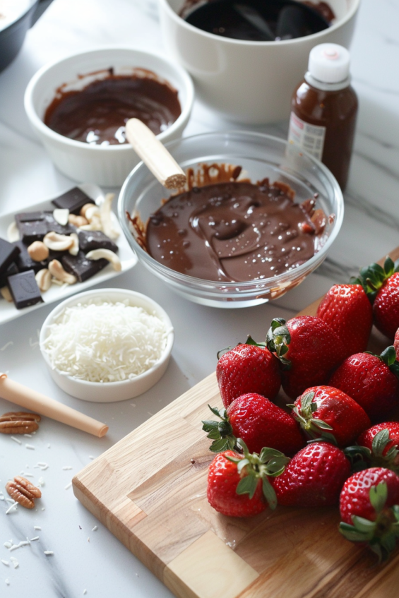 Fresh strawberries, melted dark and white chocolate, coconut flakes, crushed nuts, and vanilla extract arranged on a kitchen countertop, preparing for chocolate-covered strawberries