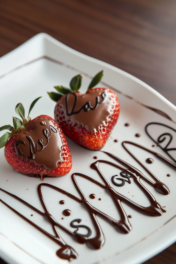 Melted chocolate drizzled over heart-shaped chocolate-covered strawberries in swirls, with an elegant message like 'Love' written on the plate