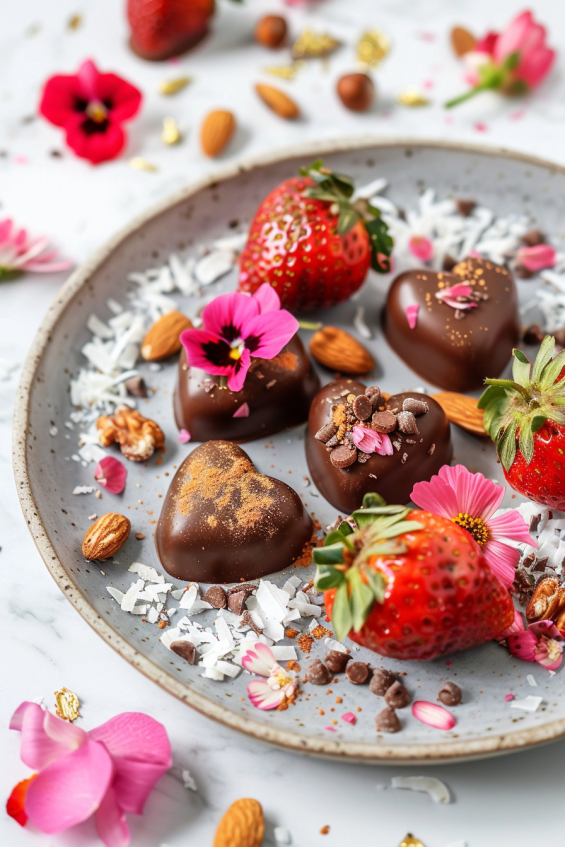 Heart-shaped chocolate-covered strawberries on a plate decorated with chopped nuts, coconut flakes, and edible flowers, with edible gold powder sprinkled on top