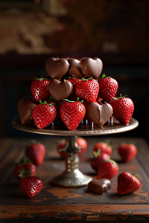 Heart-shaped chocolate-covered strawberries stacked slightly on a mini cake stand, creating a 3D effect and adding depth to the presentation