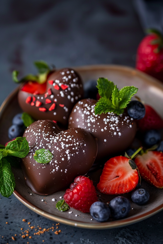 Heart-shaped chocolate-covered strawberries garnished with fresh mint leaves, small berries, and a sprinkle of sea salt, enhancing the richness of the chocolate