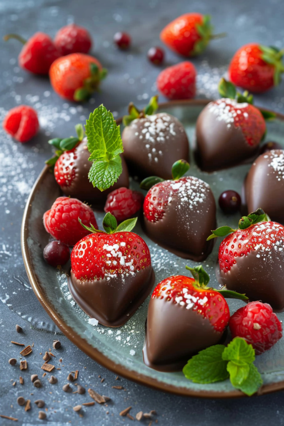 Heart-shaped chocolate-covered strawberries garnished with fresh mint leaves, small berries, and a sprinkle of sea salt, enhancing the richness of the chocolate