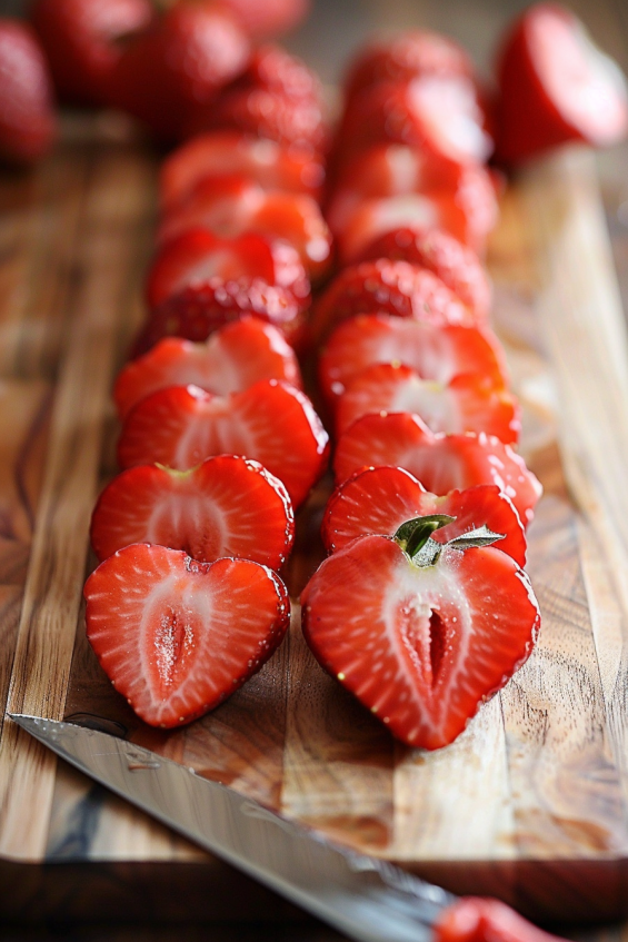 Fresh strawberries being trimmed and carefully cut into heart shapes on a wooden cutting board