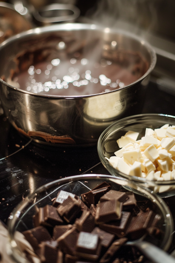 Dark and white chocolate being melted in separate glass bowls over a double boiler in a cozy kitchen