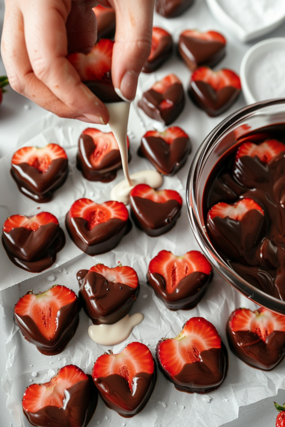 Heart-shaped strawberries being dipped into melted dark chocolate, with some drizzled with white chocolate for decoration