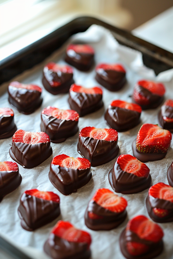 Chocolate-coated heart-shaped strawberries placed on a parchment paper-lined tray in a refrigerator, cooling down