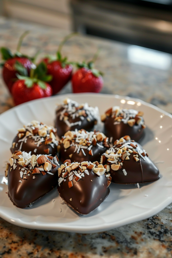 Finished heart-shaped chocolate-covered strawberries decorated with chopped nuts, coconut flakes, and vanilla extract