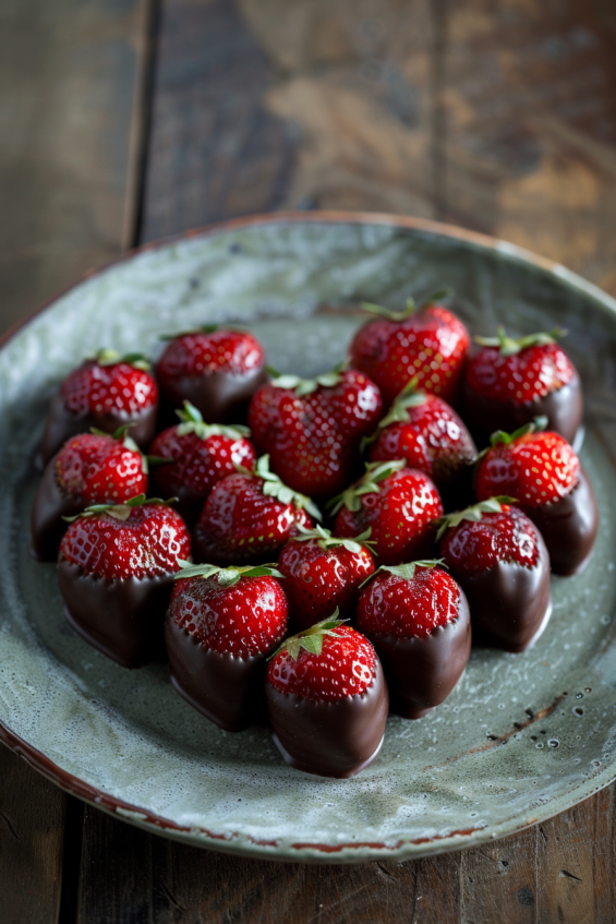 Heart-shaped chocolate-covered strawberries arranged on a plate in the shape of a larger heart, creating a stunning and simple presentation