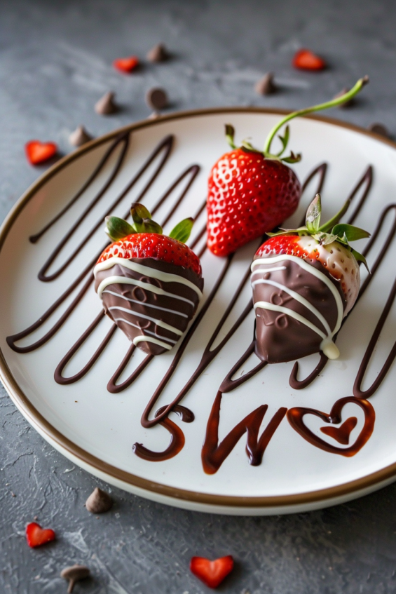 Melted chocolate drizzled over heart-shaped chocolate-covered strawberries in swirls, with an elegant message like 'Love' written on the plate