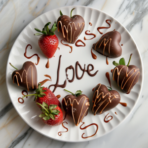 Melted chocolate drizzled over heart-shaped chocolate-covered strawberries in swirls, with an elegant message like 'Love' written on the plate