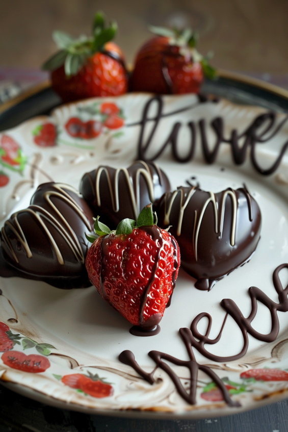 Melted chocolate drizzled over heart-shaped chocolate-covered strawberries in swirls, with an elegant message like 'Love' written on the plate