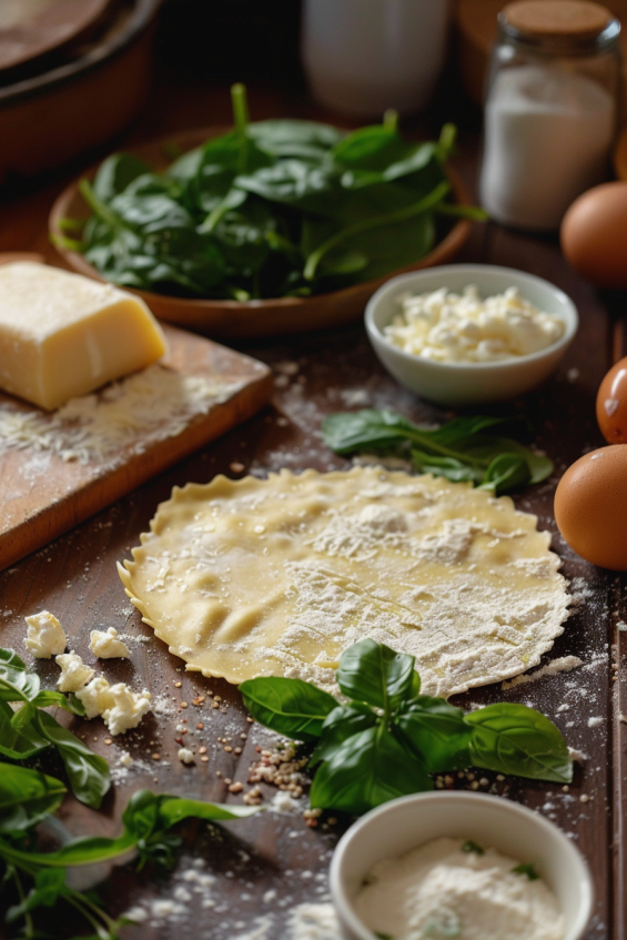 Close-up shot of ingredients for making fresh ravioli, including fresh pasta dough, ricotta cheese, spinach leaves, grated parmesan, garlic powder, an egg, and fresh herbs