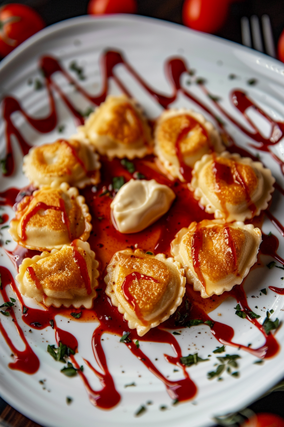 Swirling patterns of Alfredo and tomato sauces around ravioli, creating an elegant presentation