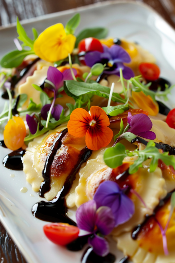 Ravioli with edible flowers, mini vegetables, and balsamic glaze for texture contrast.