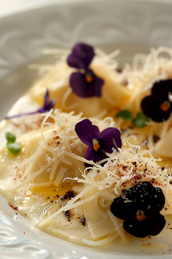 Grated Parmesan, chili flakes, black pepper, and olive oil drizzled over ravioli with edible flowers