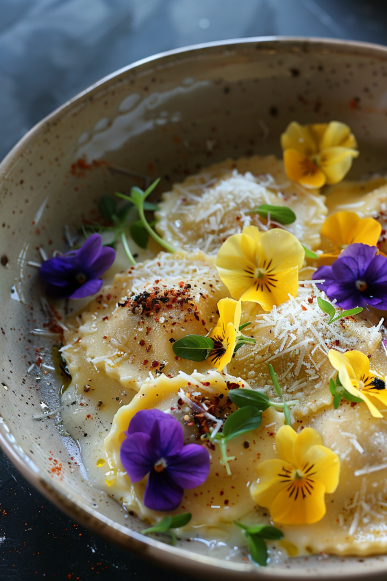 Grated Parmesan, chili flakes, black pepper, and olive oil drizzled over ravioli with edible flowers