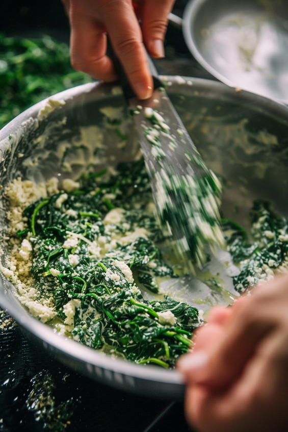 Close-up of spinach being sautéed in olive oil and chopped, mixed with ricotta cheese, grated parmesan, garlic powder, and seasonings for ravioli filling