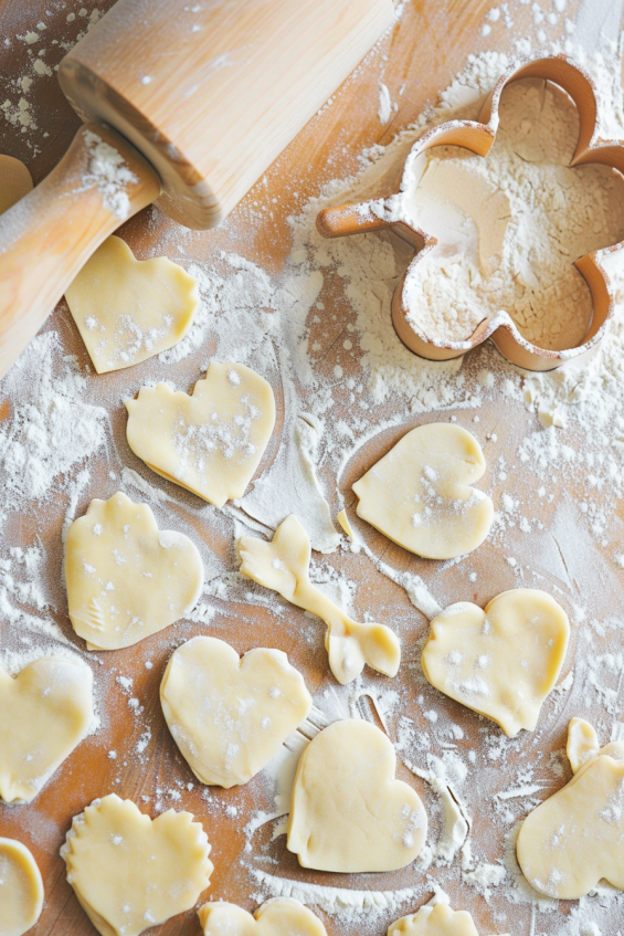 Fresh pasta dough being rolled out on a floured countertop with a rolling pin, forming a thin, smooth sheet ready for cutting