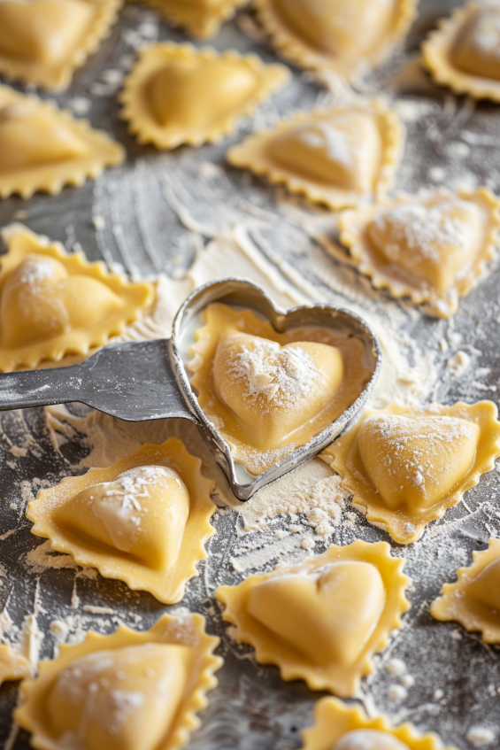 Heart-shaped ravioli dough being cut with a cookie cutter, filled with ricotta-spinach mixture, and sealed with egg wash