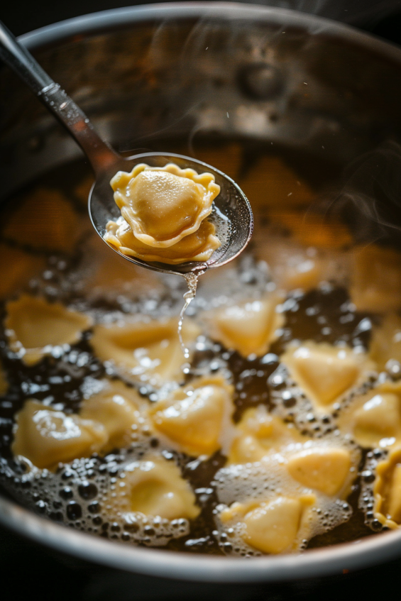 Heart-shaped ravioli cooking in boiling salted water, floating to the surface as they are cooked