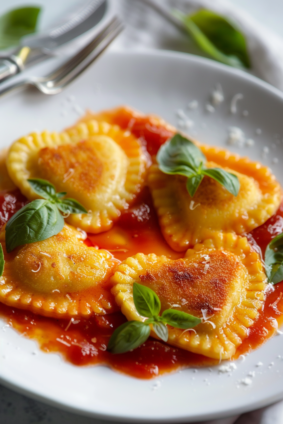 Heart-shaped ravioli with golden crust, tomato sauce in heart shape, and basil leaves