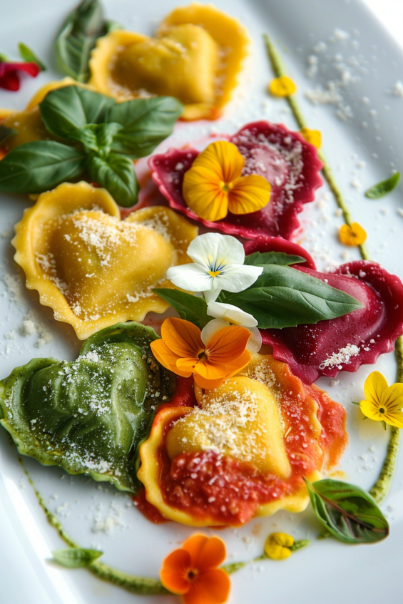 Heart-shaped ravioli in vibrant colors, garnished with fresh basil, Parmesan cheese, and edible flowers