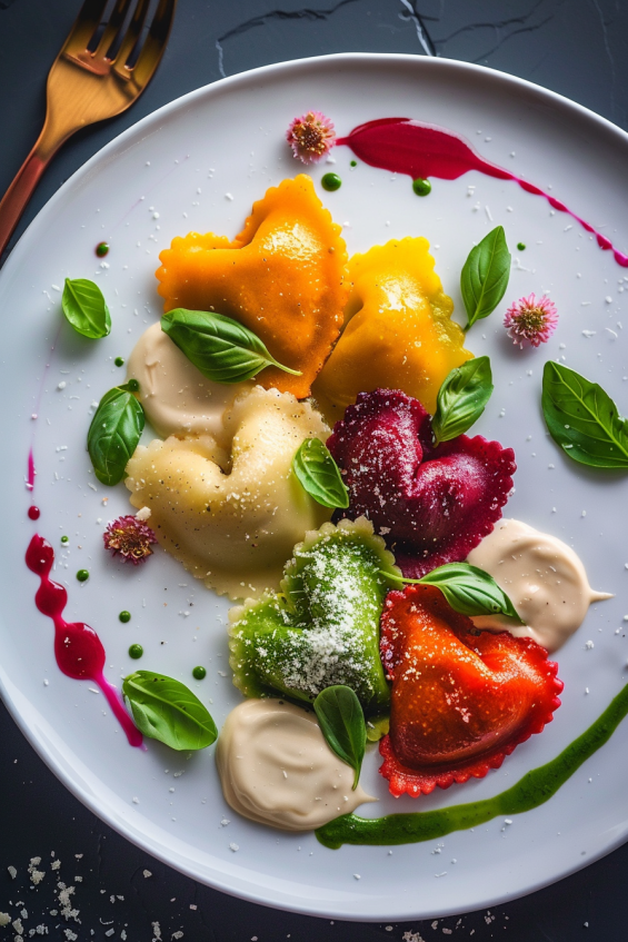 Heart-shaped ravioli in vibrant colors, garnished with fresh basil, Parmesan cheese, and edible flowers