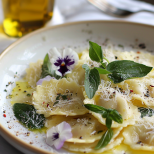 Plated heart-shaped ravioli drizzled with olive oil and garnished with fresh basil, parsley, and extra grated parmesan