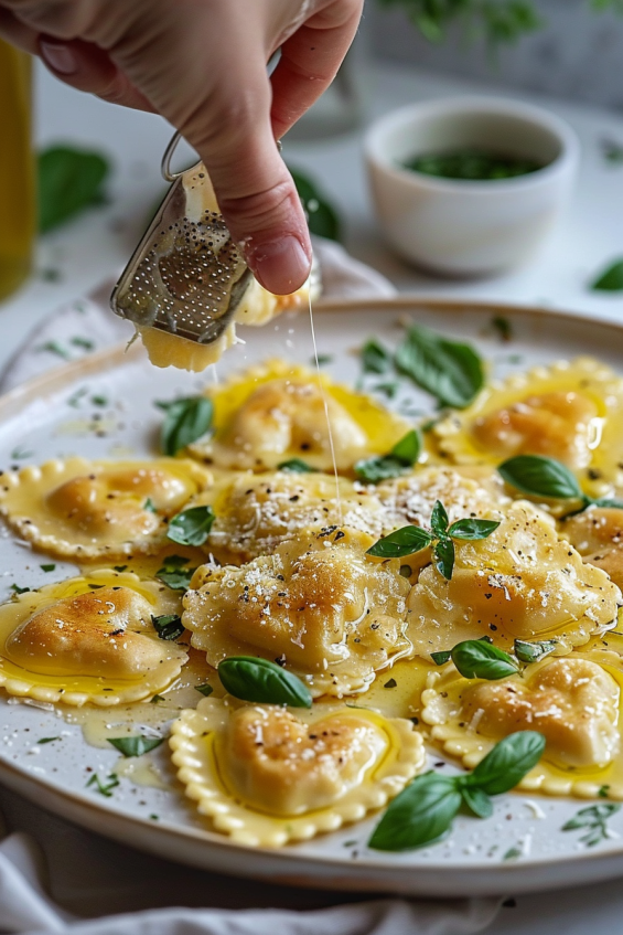 Plated heart-shaped ravioli drizzled with olive oil and garnished with fresh basil, parsley, and extra grated parmesan