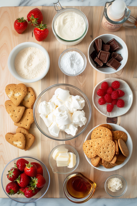 A flat lay of ingredients for a heart-shaped mousse cake, including biscuits, melted butter, heavy cream, cream cheese, white chocolate, powdered sugar, vanilla extract, gelatin, and fresh strawberries or raspberries.