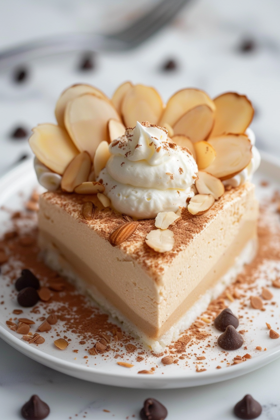 A heart-shaped mousse cake topped with a dollop of whipped cream and sprinkled with almond slices and chocolate chips for added texture.