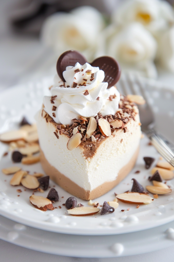 A heart-shaped mousse cake topped with a dollop of whipped cream and sprinkled with almond slices and chocolate chips for added texture.