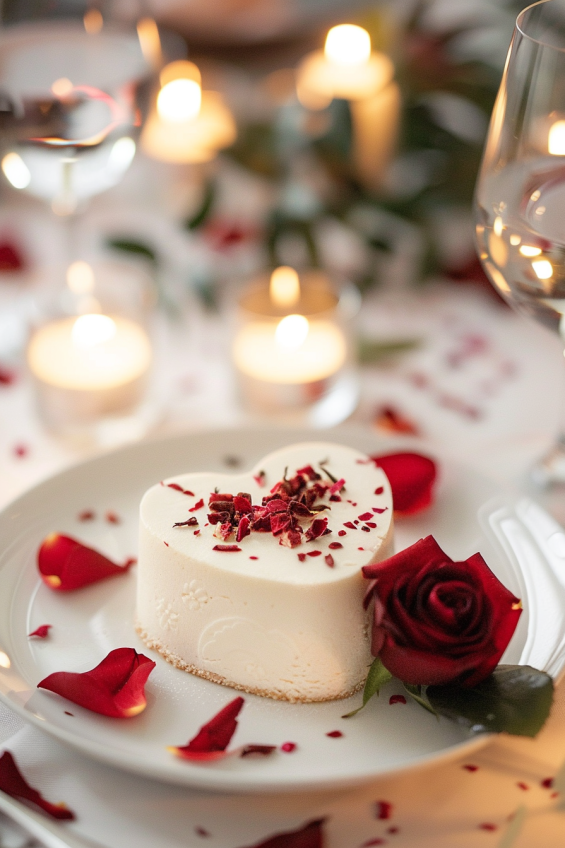 A heart-shaped mousse cake on a white plate, surrounded by flower petals and a red rose, with candlelight adding a warm, romantic glow.