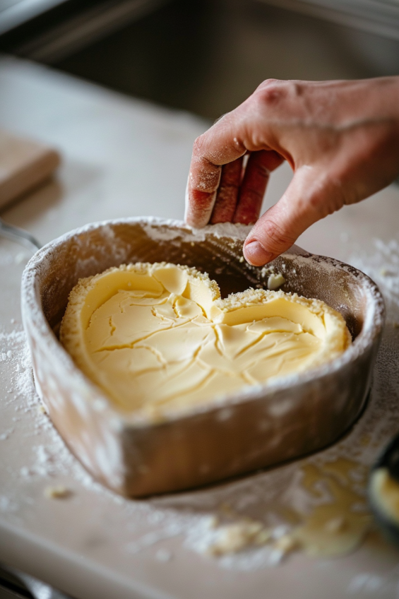 A person preparing the crust for a heart-shaped mousse cake by mixing crushed biscuits with melted butter in a bowl.