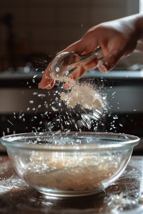 Close-up of gelatin powder blooming in a small bowl of water on a countertop, with a hand stirring after microwaving