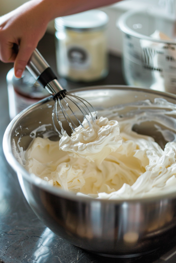 A person whipping cold heavy cream in a large stainless steel mixing bowl with an electric hand mixer.