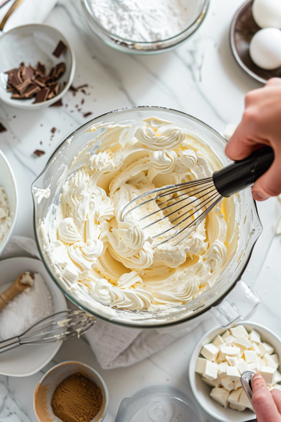 A person mixing mousse base ingredients, including cream cheese, melted white chocolate, powdered sugar, vanilla extract, and gelatin, in a large bowl.