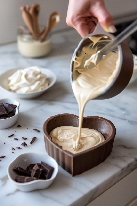 A person pouring smooth mousse over a prepared crust in a heart-shaped mold, smoothing the top with a spatula.