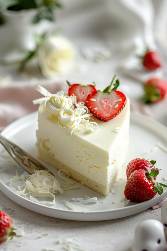 A beautifully decorated heart-shaped mousse cake on a white plate, topped with fresh strawberries, raspberries, and white chocolate shavings.